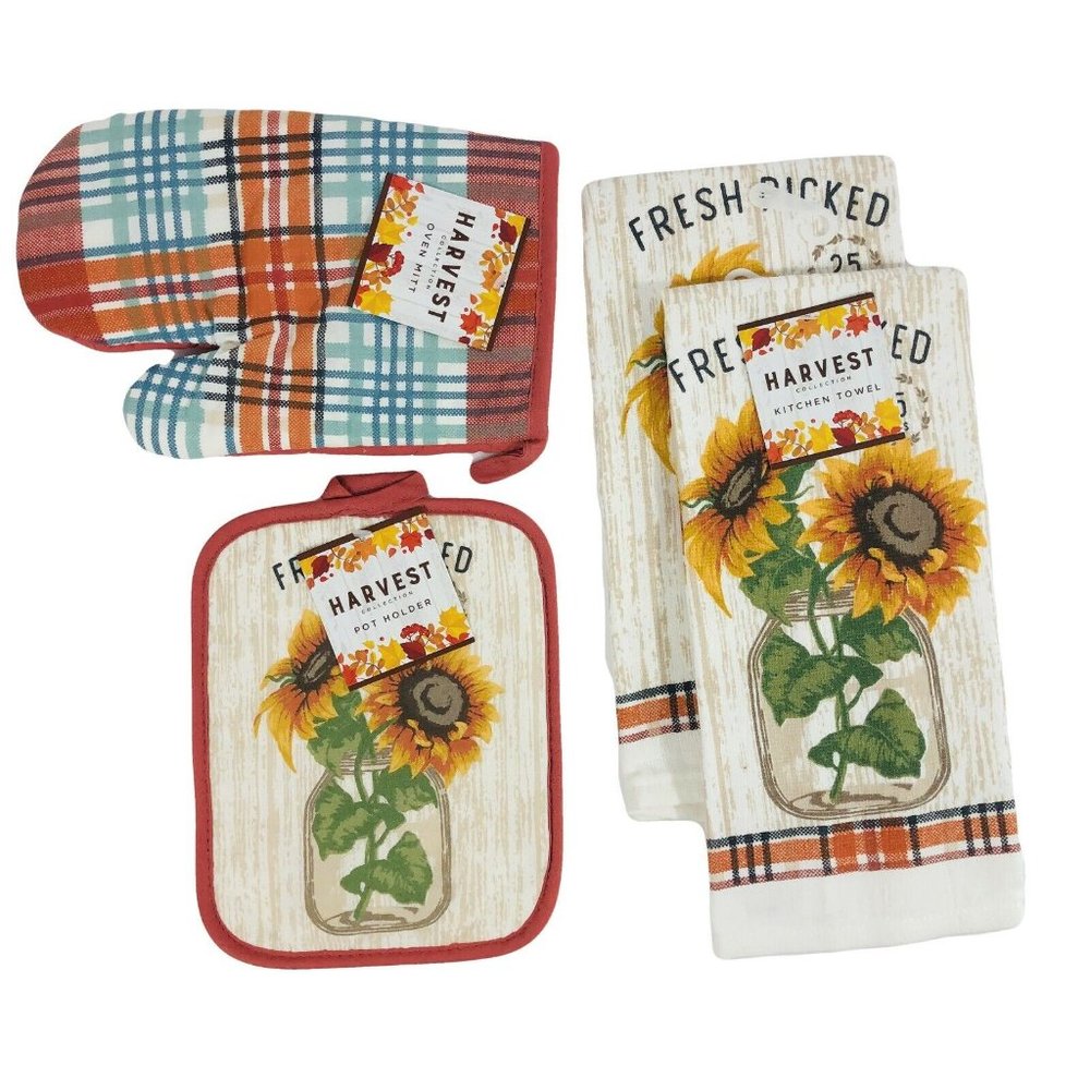 Fall Sunflower Kitchen Dish Towels Potholder Oven Mitt Set Country Rustic Design